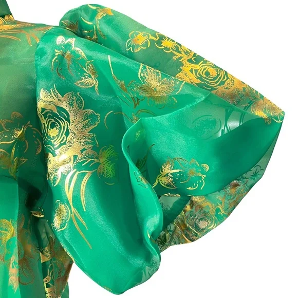 #A117 Nancy Sheer Luxe Green & Gold Organza Puff Sleeve Top NWT L - Picture 7 of 14